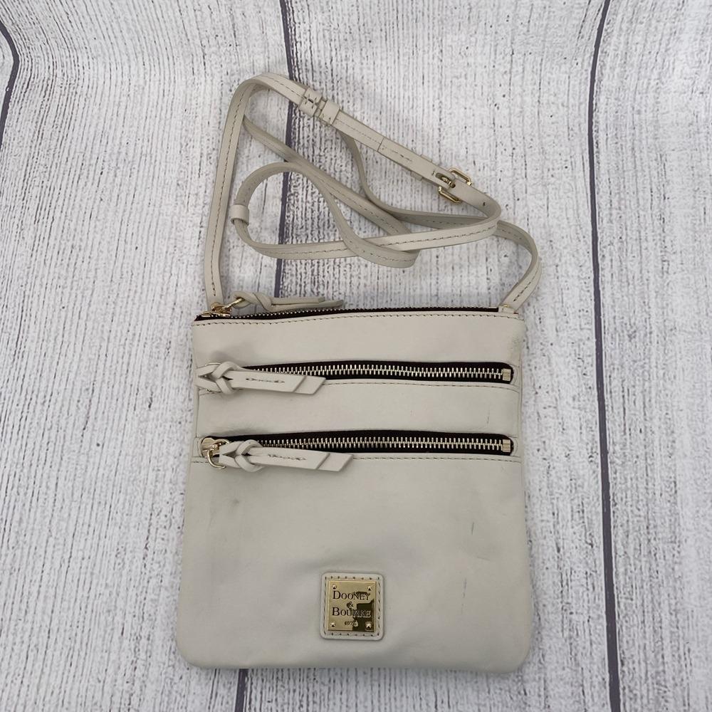 Dooney & Bourke Apollo Triple Zip Crossbody Bag Ivory Leather Adjustable Travel